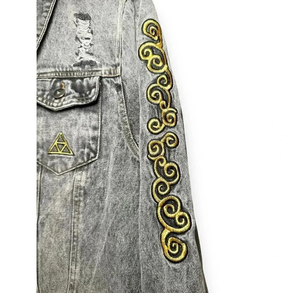 Distressed Denim Jacket with Zelda Triforce Embroidery Gamer Streetwear‎ - Picture 3 of 12
